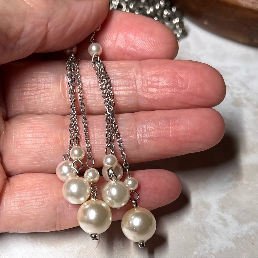 Fun Silvertone Dangle Earrings Multiple Chain & Faux Pearl Drops 3 Inches Long